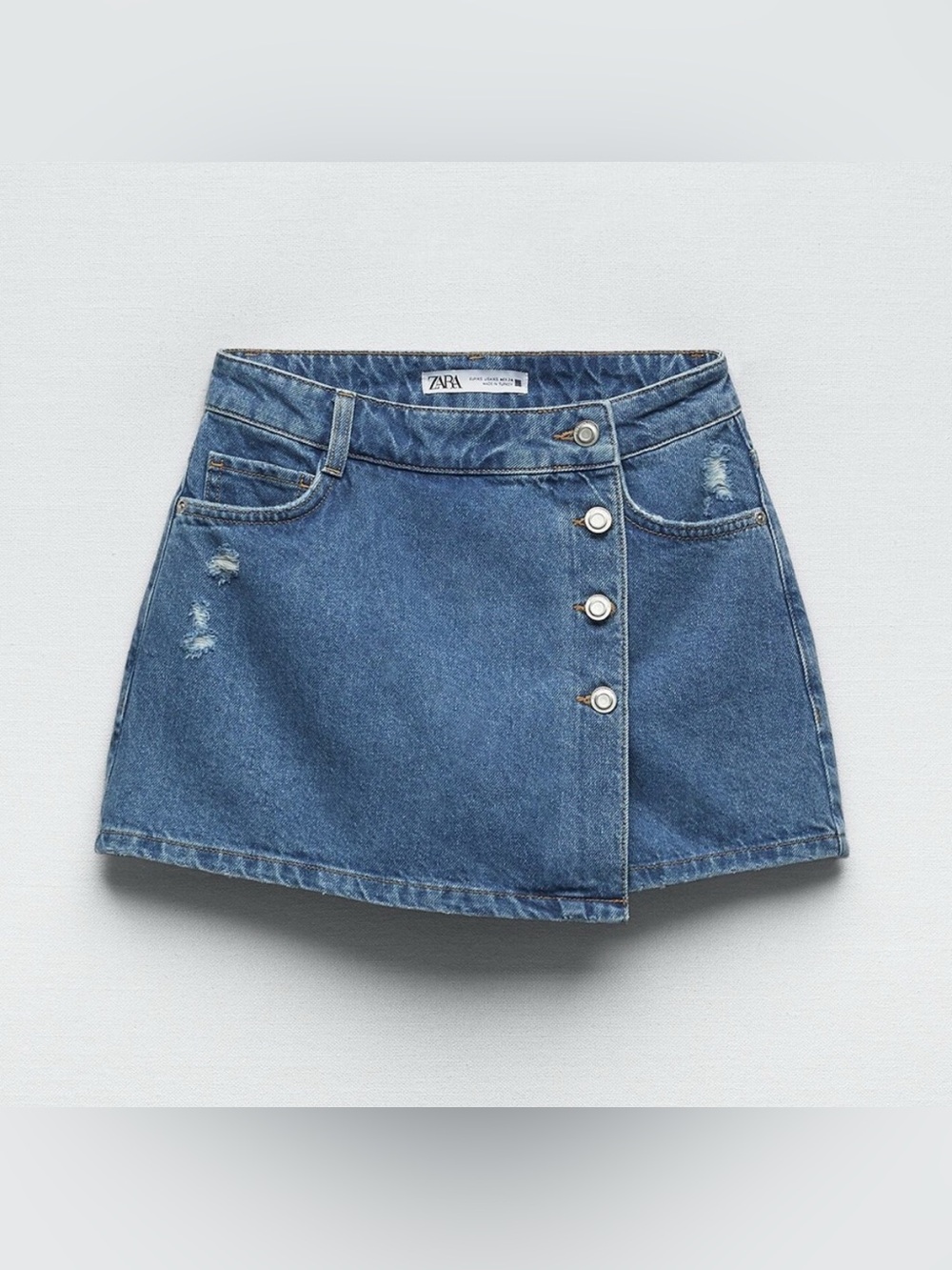 Zara Medium Blue Distressed Button-Front Denim Mini Skirt